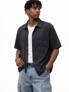 Vintage Y2K Silk Button-Up Shirt Charcoal Black Relaxed Fit Size Medium